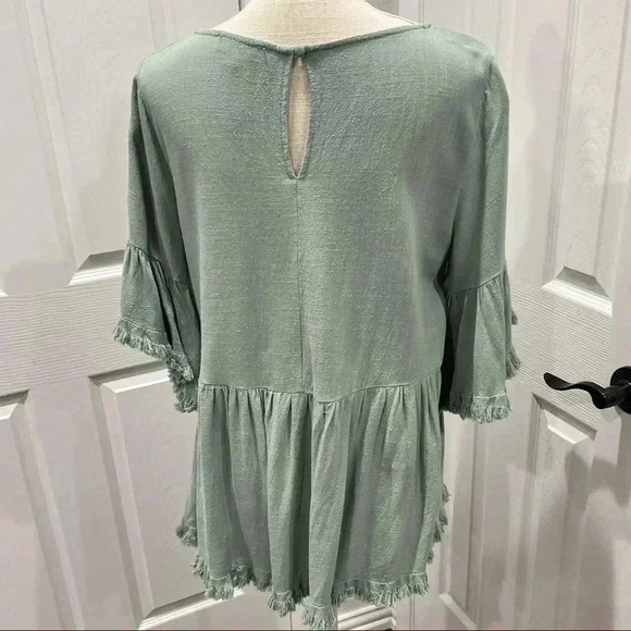 Umgee Mint Linen blend frayed edge keyhole back gathered waist blouse sh… ❤️ - Picture 9 of 9
